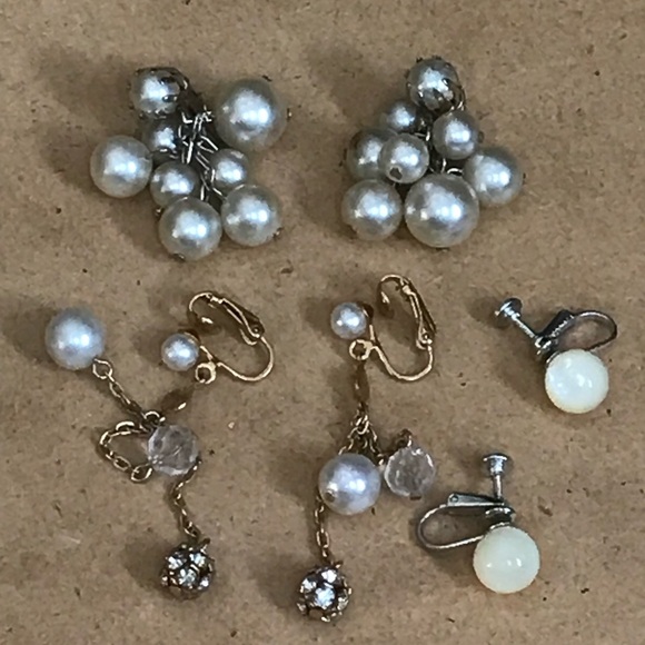 Lot of 3 Vintage Pearl Rhinestone Moonglow Clip-On Earrings Dangle Cluster - Picture 1 of 11